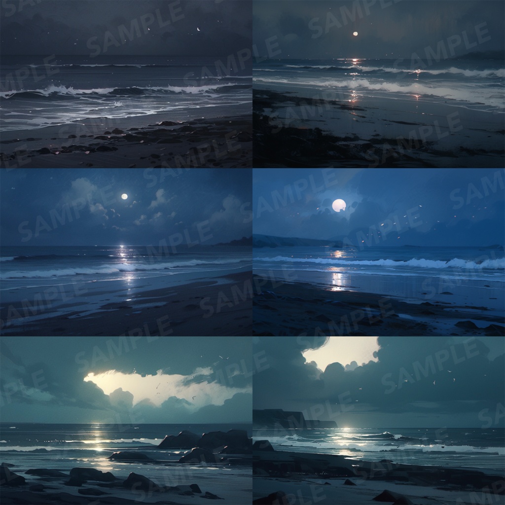 【背景素材】海辺 砂浜 海 夜の海 海岸 海面 水面 波 ビーチ 夜景 スパークル 世界観 30枚【画集】【コンセプトアート】