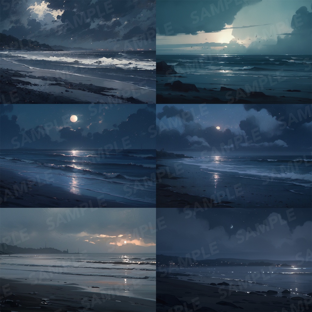 【背景素材】海辺 砂浜 海 夜の海 海岸 海面 水面 波 ビーチ 夜景 スパークル 世界観 30枚【画集】【コンセプトアート】