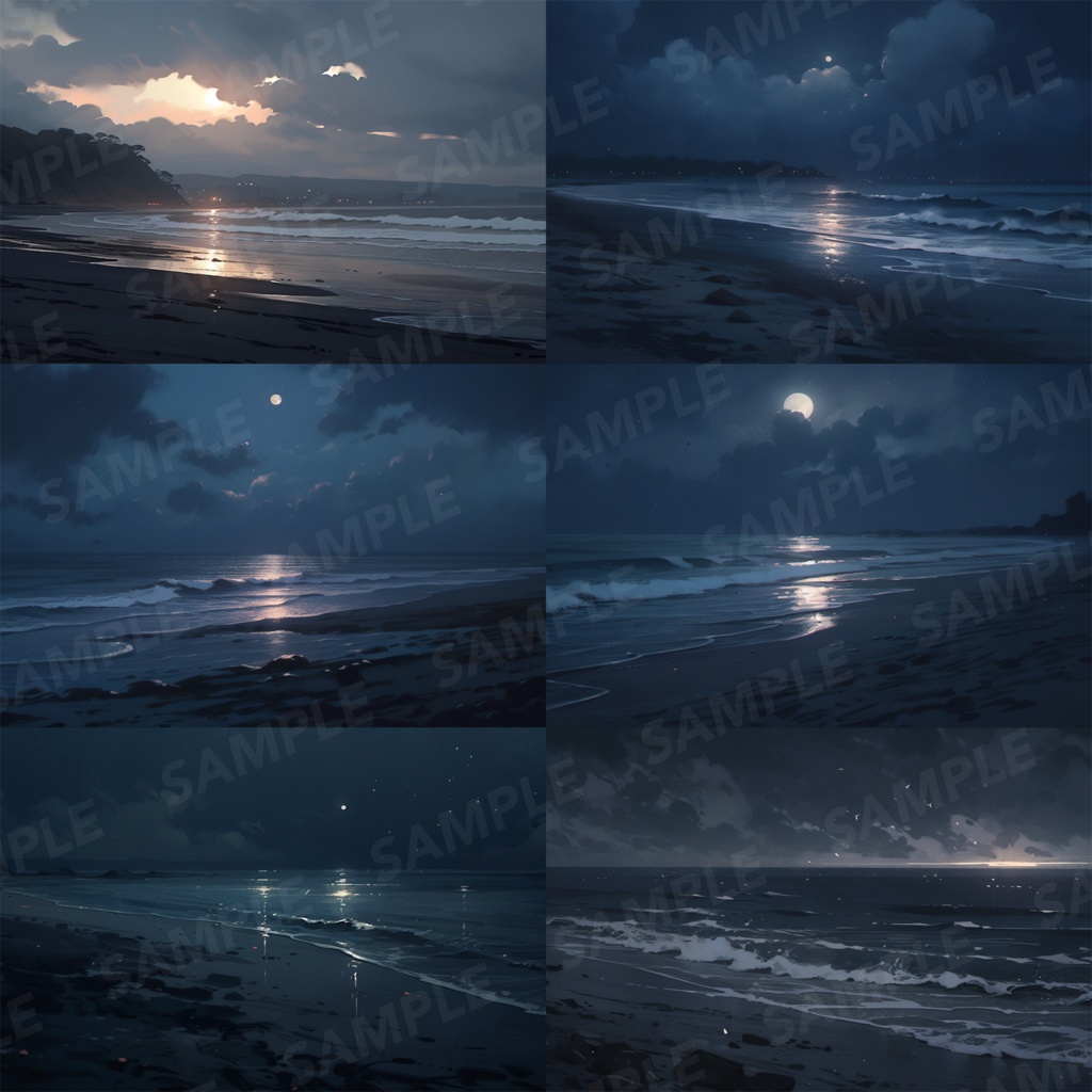 【背景素材】海辺 砂浜 海 夜の海 海岸 海面 水面 波 ビーチ 夜景 スパークル 世界観 30枚【画集】【コンセプトアート】