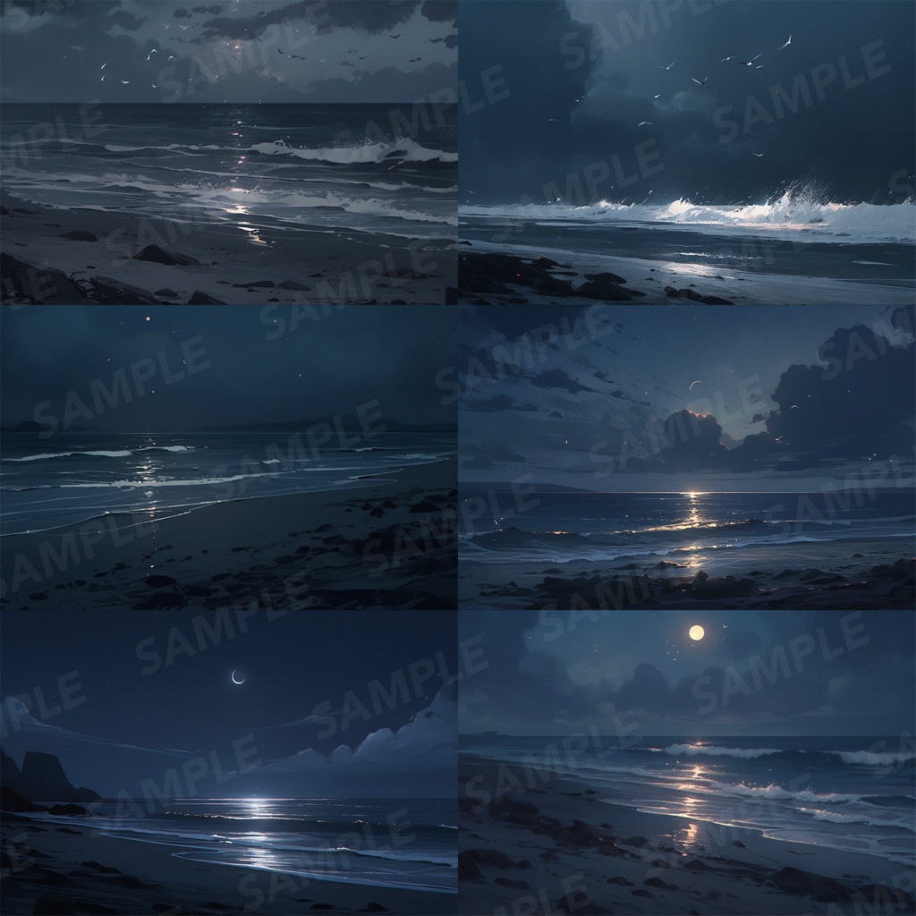 【背景素材】海辺 砂浜 海 夜の海 海岸 海面 水面 波 ビーチ 夜景 スパークル 世界観 30枚【画集】【コンセプトアート】