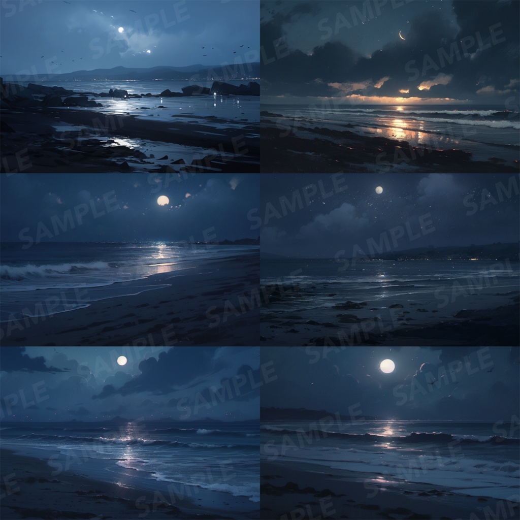 【背景素材】海辺 砂浜 海 夜の海 海岸 海面 水面 波 ビーチ 夜景 スパークル 世界観 30枚【画集】【コンセプトアート】