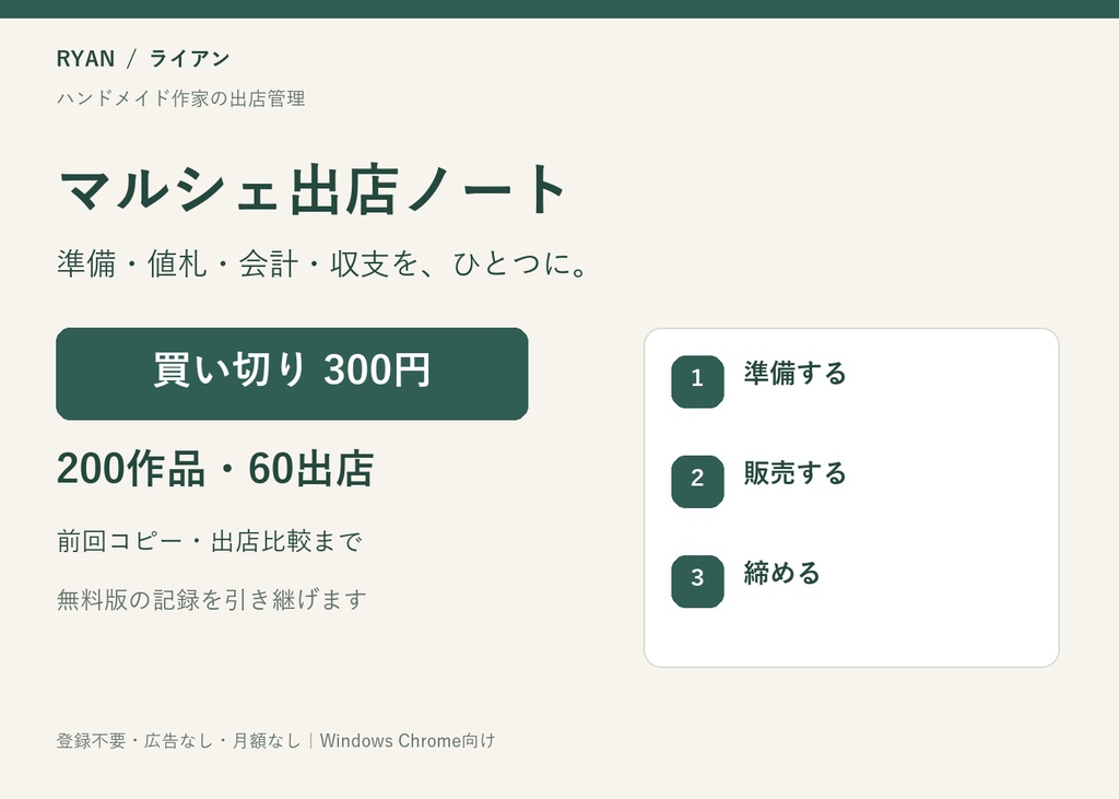 【300円・200作品／60出店】マルシェ出店ノート｜値札・会計・在庫・収支｜ライアン