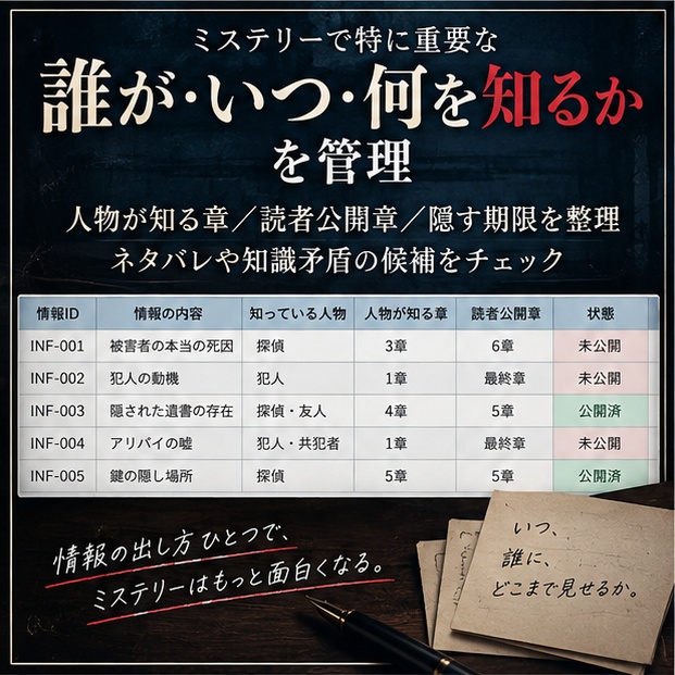 ミステリー小説 執筆管理テンプレート|伏線・時系列・アリバイ・情報開示・AIレビュー【Excel / Googleスプレッドシート】