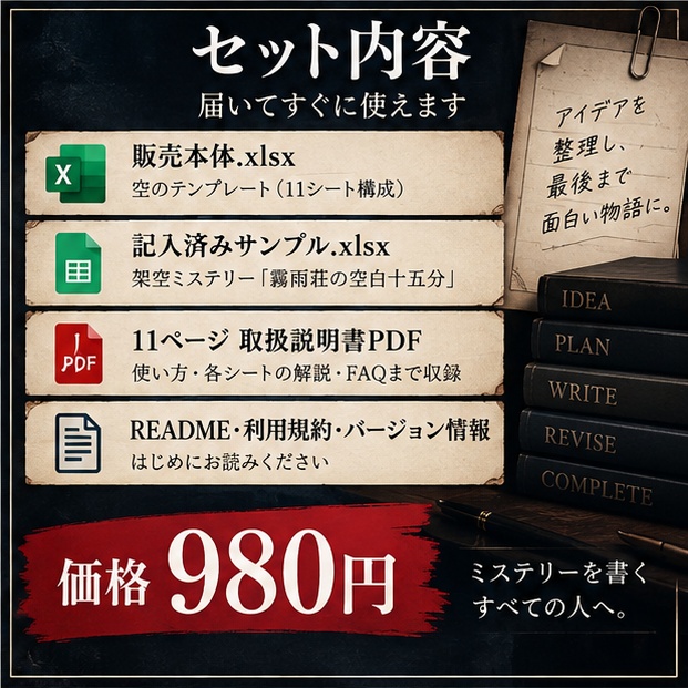 ミステリー小説 執筆管理テンプレート|伏線・時系列・アリバイ・情報開示・AIレビュー【Excel / Googleスプレッドシート】