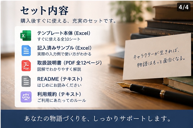 小説・シナリオ 登場人物・人間関係 管理テンプレート|秘密・知識・呼称・関係変化・AIレビュー【Excel / Googleスプレッドシート】