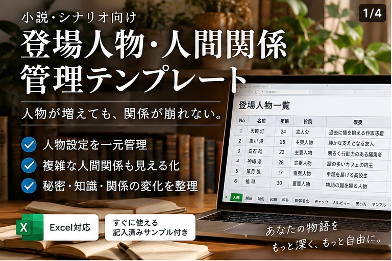 小説・シナリオ 登場人物・人間関係 管理テンプレート｜秘密・知識・呼称・関係変化・AIレビュー【Excel / Googleスプレッドシート】