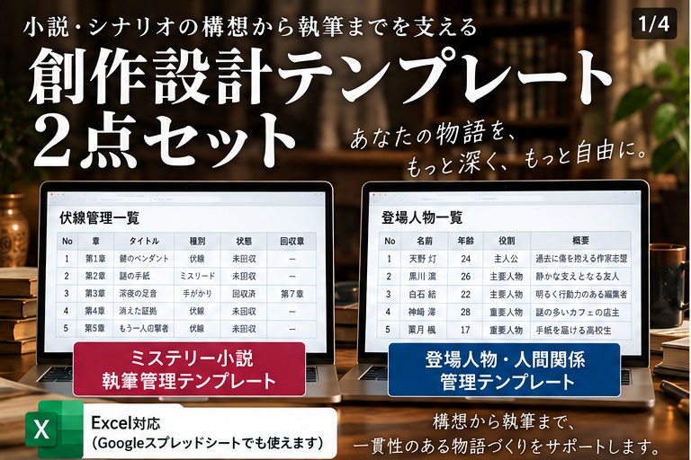 創作設計テンプレート2点セット｜ミステリー執筆管理＋登場人物・人間関係管理【Excel / Googleスプレッドシート】