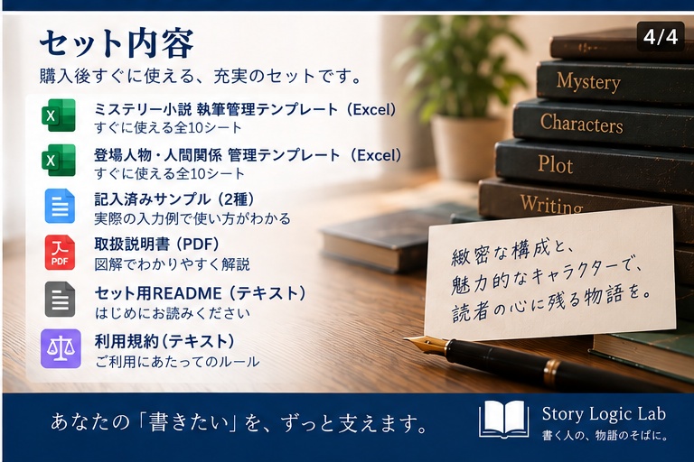 創作設計テンプレート2点セット|ミステリー執筆管理+登場人物・人間関係管理【Excel / Googleスプレッドシート】