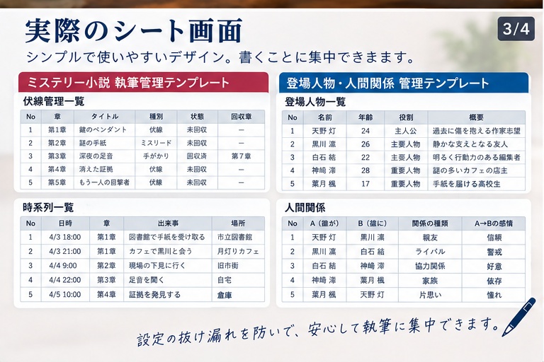 創作設計テンプレート2点セット|ミステリー執筆管理+登場人物・人間関係管理【Excel / Googleスプレッドシート】