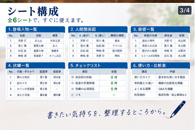 【無料】創作設計ミニテンプレート|登場人物・人間関係・秘密・伏線を整理【Excel / Googleスプレッドシート】