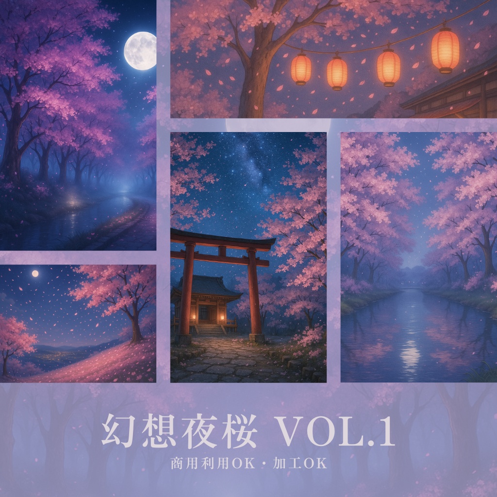 幻想夜桜 - ファンタジー背景素材セット Vol.1（5枚入り）