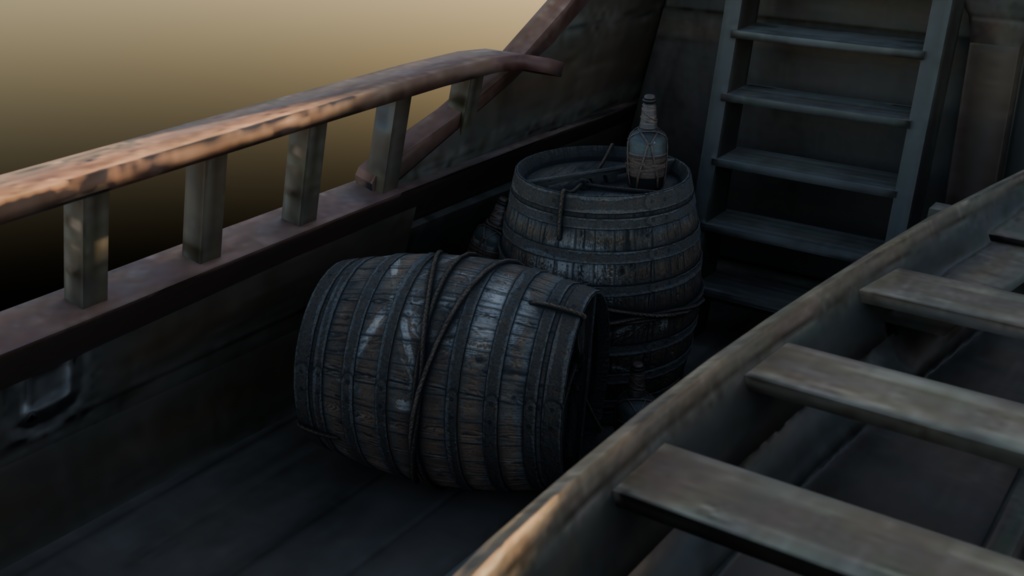 Wooden Barrels With Bottles