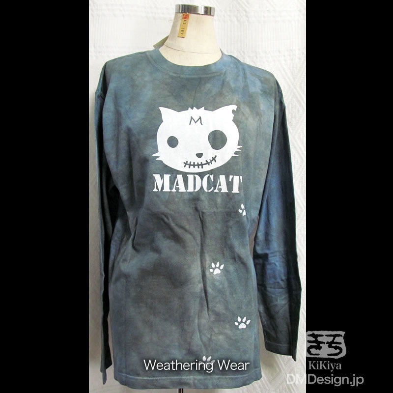 (M)手染め一点もの「青の世界」白猫　MADCAT 長袖Tシャツ（1-187）