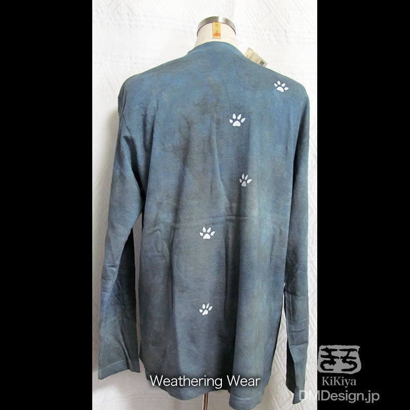 (M)手染め一点もの「青の世界」白猫 MADCAT 長袖Tシャツ(1-187)