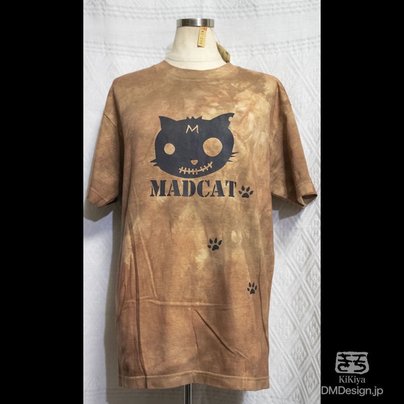 (M)手染め+プリント一点もの「薄茶」MADCAT黒猫Tシャツ(1-176)