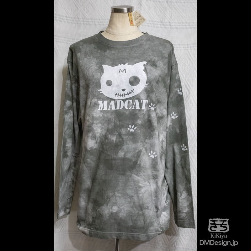 L 手染め一点もの 緑グレー 白猫 Madcat 長袖tシャツ 1 322 手染めウェザリングウェア きき屋 Larplus Wear Booth