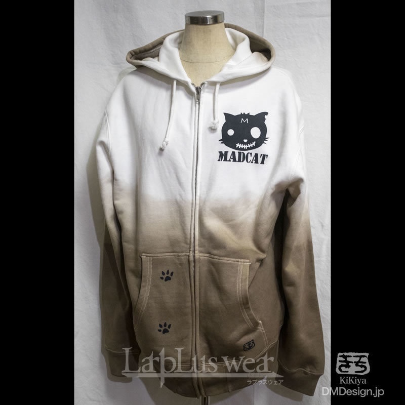 (L)手染め+プリント一点もの「茶グラデ」黒猫フルジップフード付パーカー(4-045)