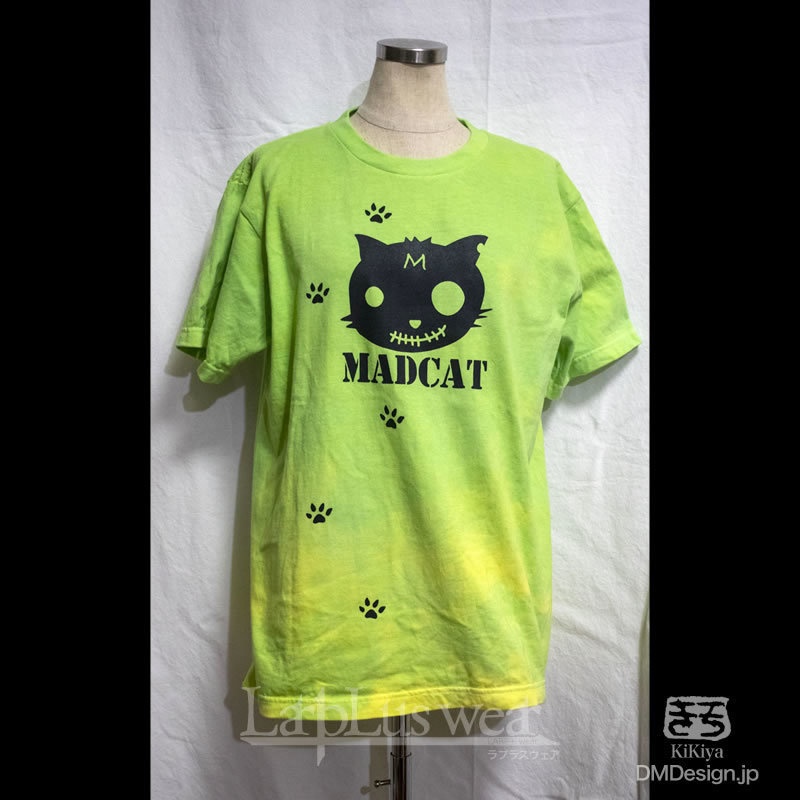 (M)手染め+プリント一点もの「黄緑」MADCAT黒猫Tシャツ（1-442）