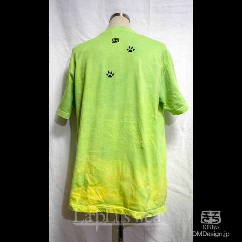 (M)手染め+プリント一点もの「黄緑」MADCAT黒猫Tシャツ(1-442)
