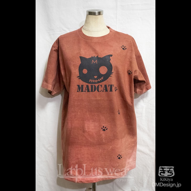 (L)手染め+プリント一点もの「赤茶」MADCAT黒猫Tシャツ(1-439)