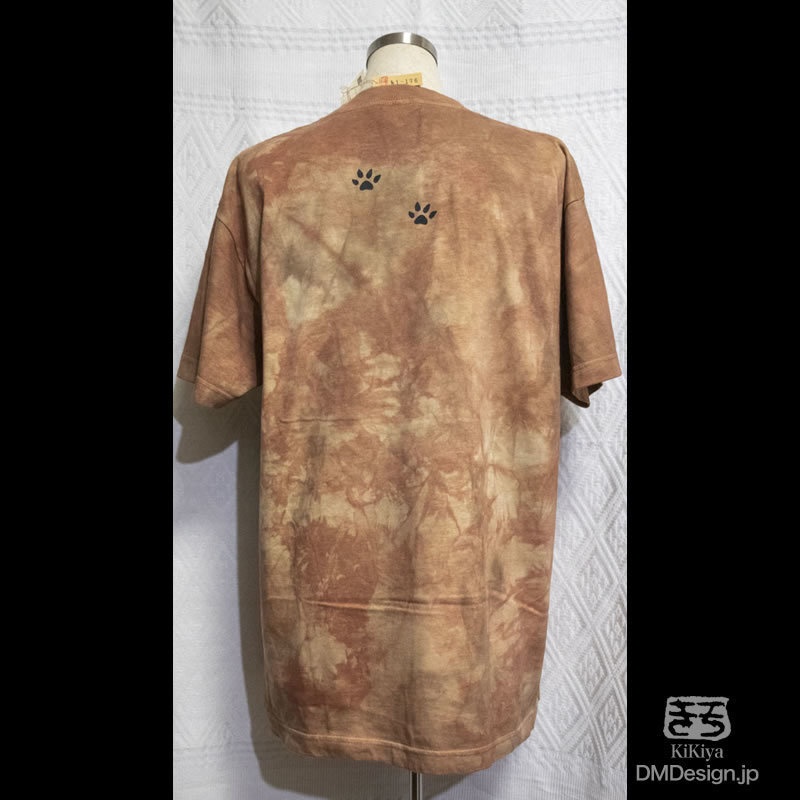 (M)手染め+プリント一点もの「薄茶」MADCAT黒猫Tシャツ(1-176)