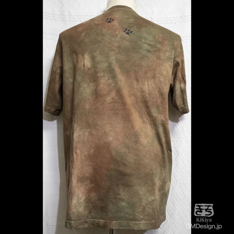 (XL)手染め+プリント一点もの MADCAT黒猫 半袖Tシャツ「茶」(1-339)