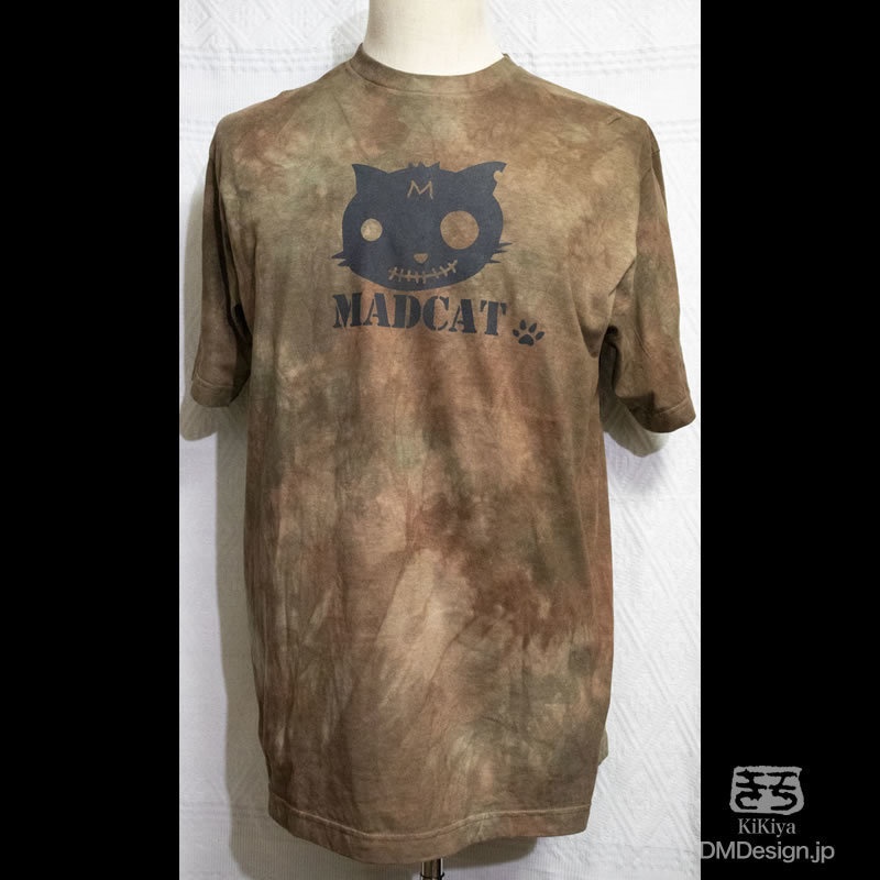 (XL)手染め+プリント一点もの MADCAT黒猫 半袖Tシャツ「茶」（1-339）