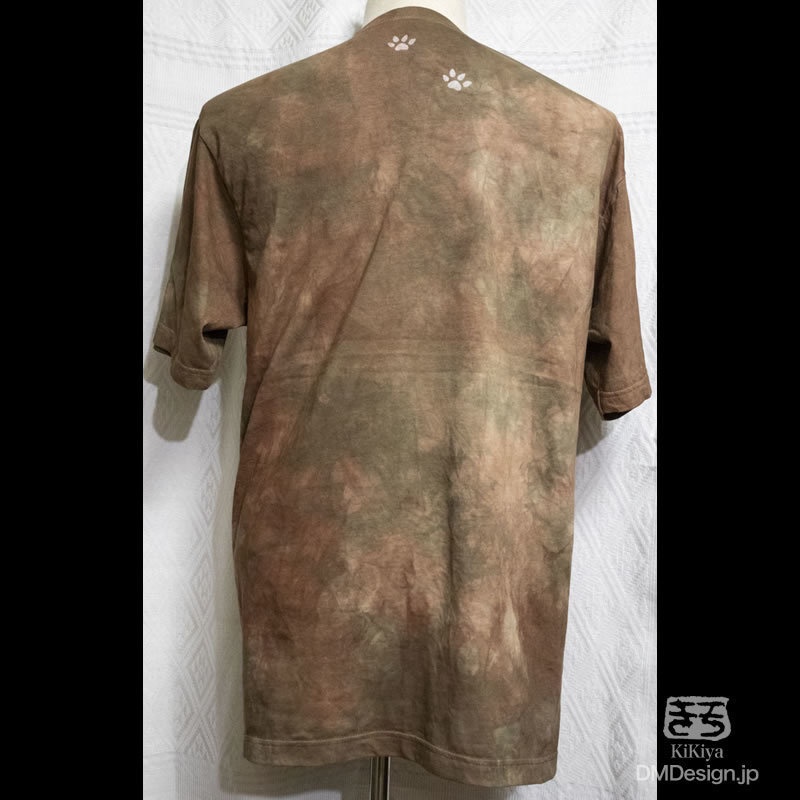 (XL)手染め+プリント一点もの MADCAT白猫 半袖Tシャツ「茶」(1-340)