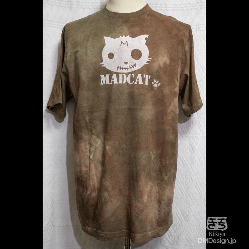(XL)手染め+プリント一点もの MADCAT白猫 半袖Tシャツ「茶」(1-340)