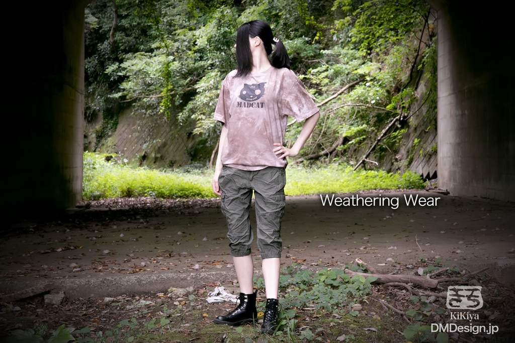 (XL)手染め+プリント一点もの「ライトグリーン」MADCAT黒猫ポケット付Tシャツ(1-444)