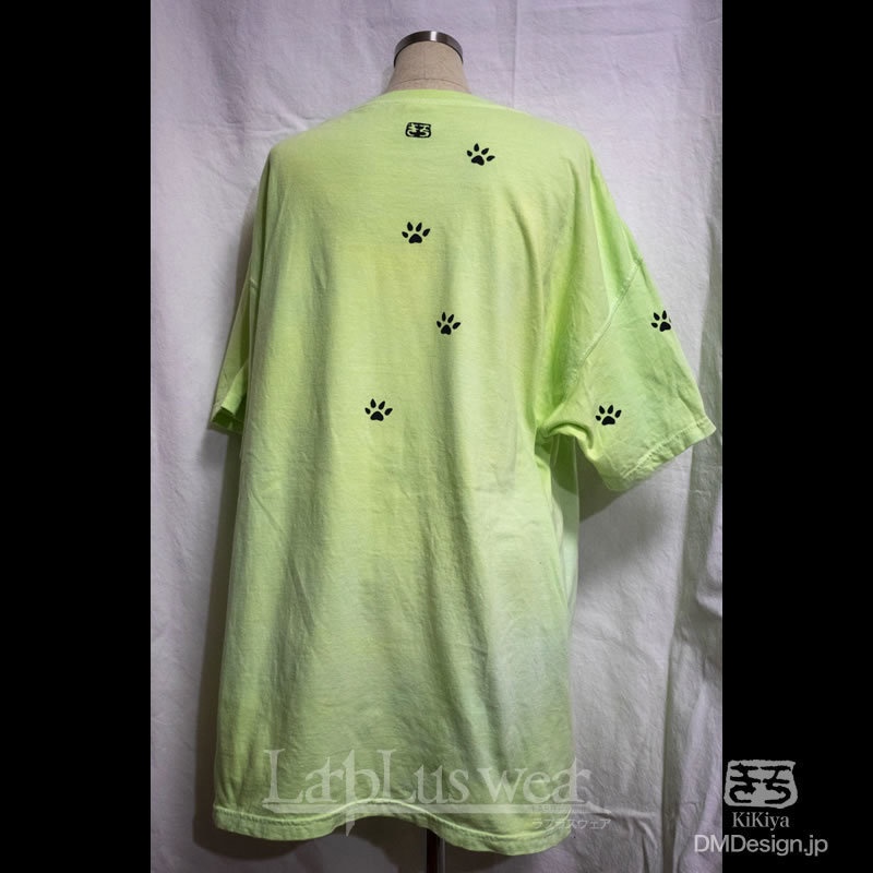 (XL)手染め+プリント一点もの「ライトグリーン」MADCAT黒猫ポケット付Tシャツ(1-444)