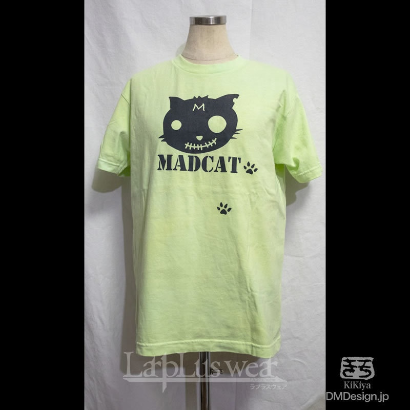(S)手染め+プリント一点もの「ライトグリーン」MADCAT黒猫Tシャツ(1-455)