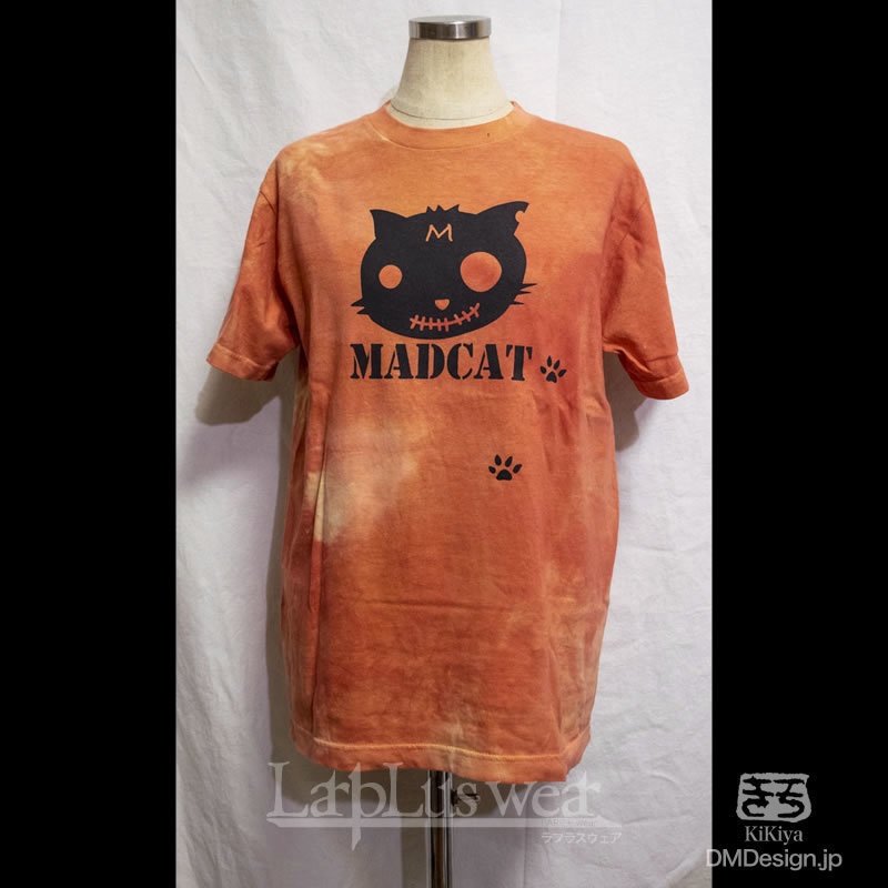 (S)手染め+プリント一点もの「赤茶」MADCAT黒猫Tシャツ（1-456）