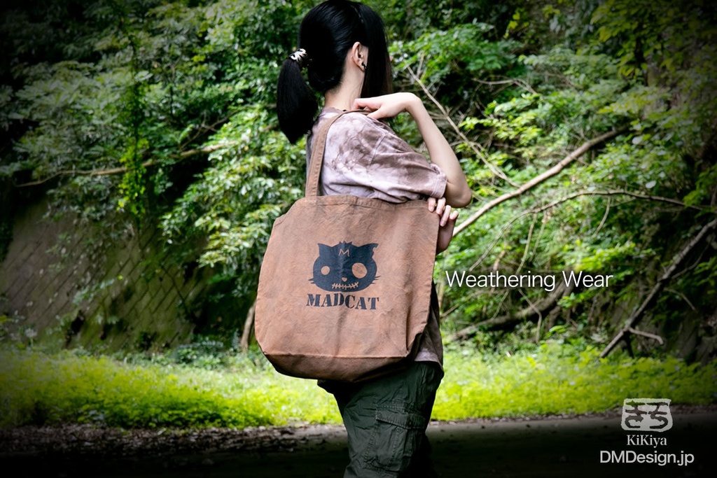 (L)手染め+プリント一点もの「イボテンさん白きのこ(赤黒)」毒毒トートバッグ(7-061)