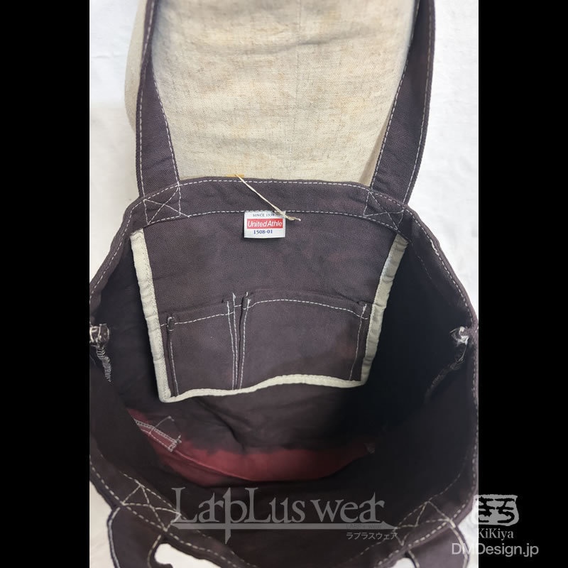 (L)手染め+プリント一点もの「イボテンさん白きのこ(赤黒)」毒毒トートバッグ(7-061)