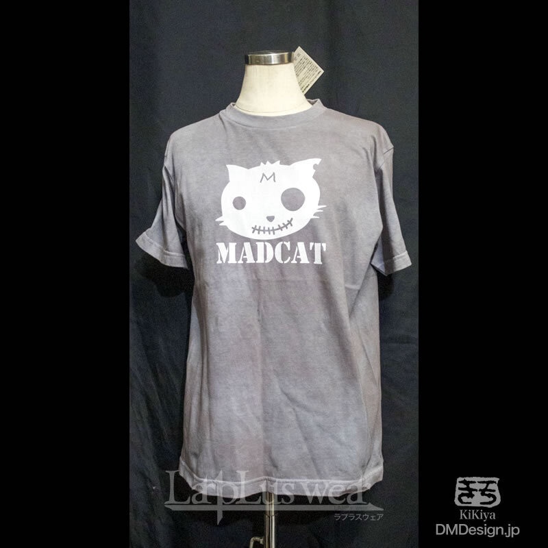 (S)手染め+プリント「MADCAT白猫（グレー）」毒毒Tシャツ（1-493）