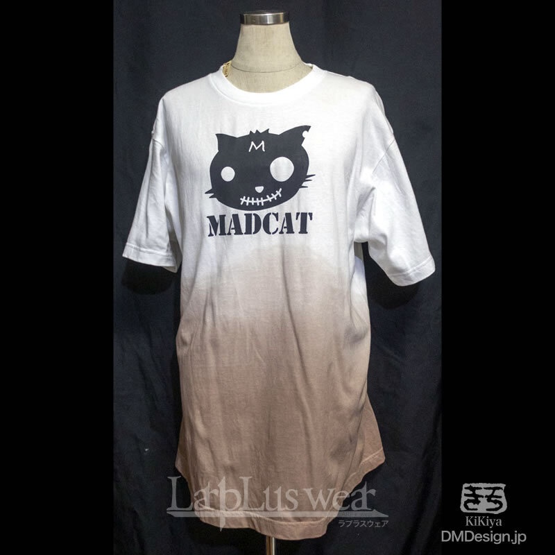 (L)手染め+プリント「MADCAT黒猫（茶グラデ）」猫Tシャツ（1-494）