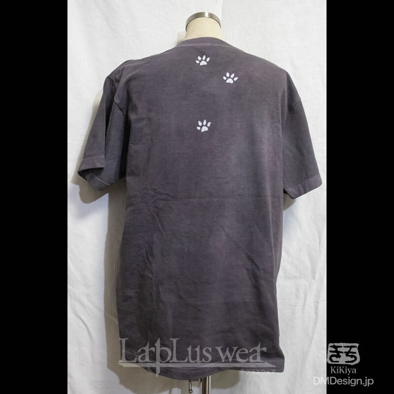 (M)手染め+プリント「MADCAT白猫(グレー)」猫Tシャツ(1-496)