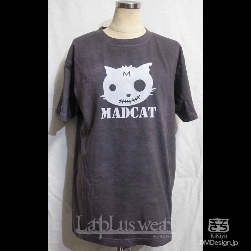 (M)手染め+プリント「MADCAT白猫(グレー)」猫Tシャツ(1-496)
