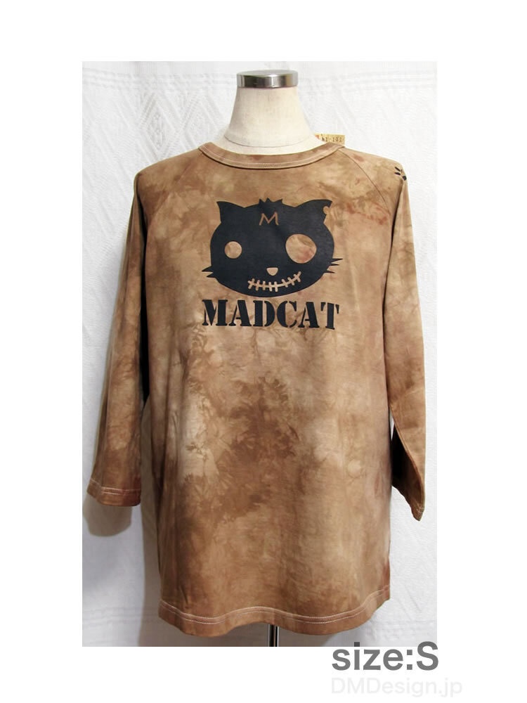 (S)手染め一点もの「七分袖（茶まだら）」黒猫　MADCAT Tシャツ（1-102）