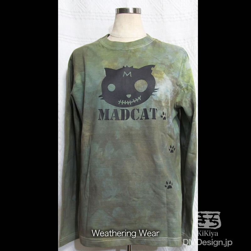 (S)手染め一点もの「長袖（迷彩柄）」黒猫　MADCAT Tシャツ（1-278）