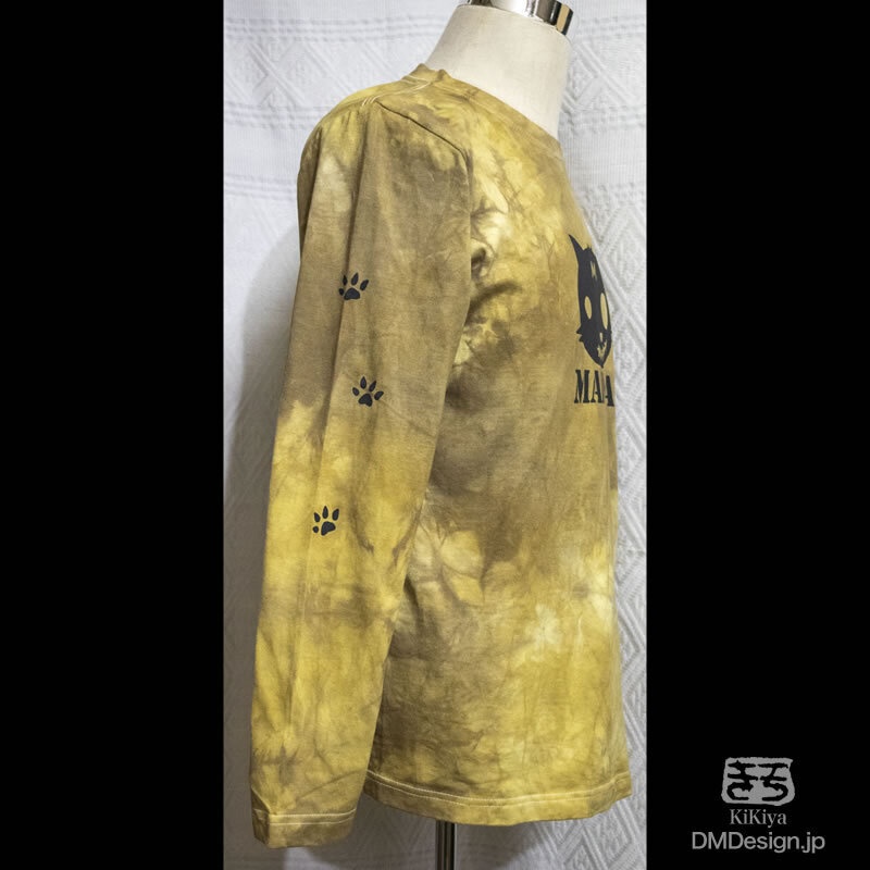 (L)手染め一点もの「長袖(黄茶)」黒猫 MADCAT Tシャツ(1-336)