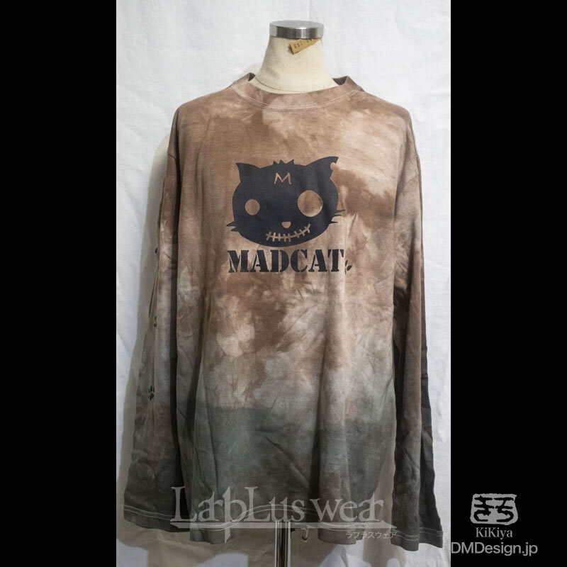 (L)手染め一点もの「長袖（茶色迷彩柄）」黒猫　MADCAT Tシャツ（1-155）