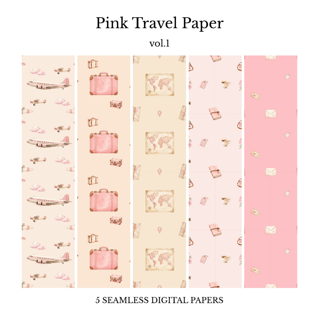 Pink Travel Paper Vol.1｜ピンク×旅行の水彩デジタルペーパー 5枚セット