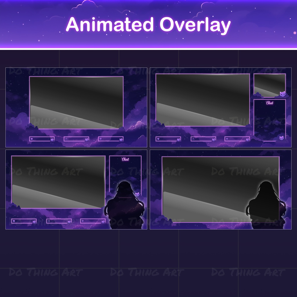 Purple Galaxy Cat Animated Twitch Overlay Bundle | Cute Cat Transition | Stream Screen | Alert | Panels | OBS / Streamlabs