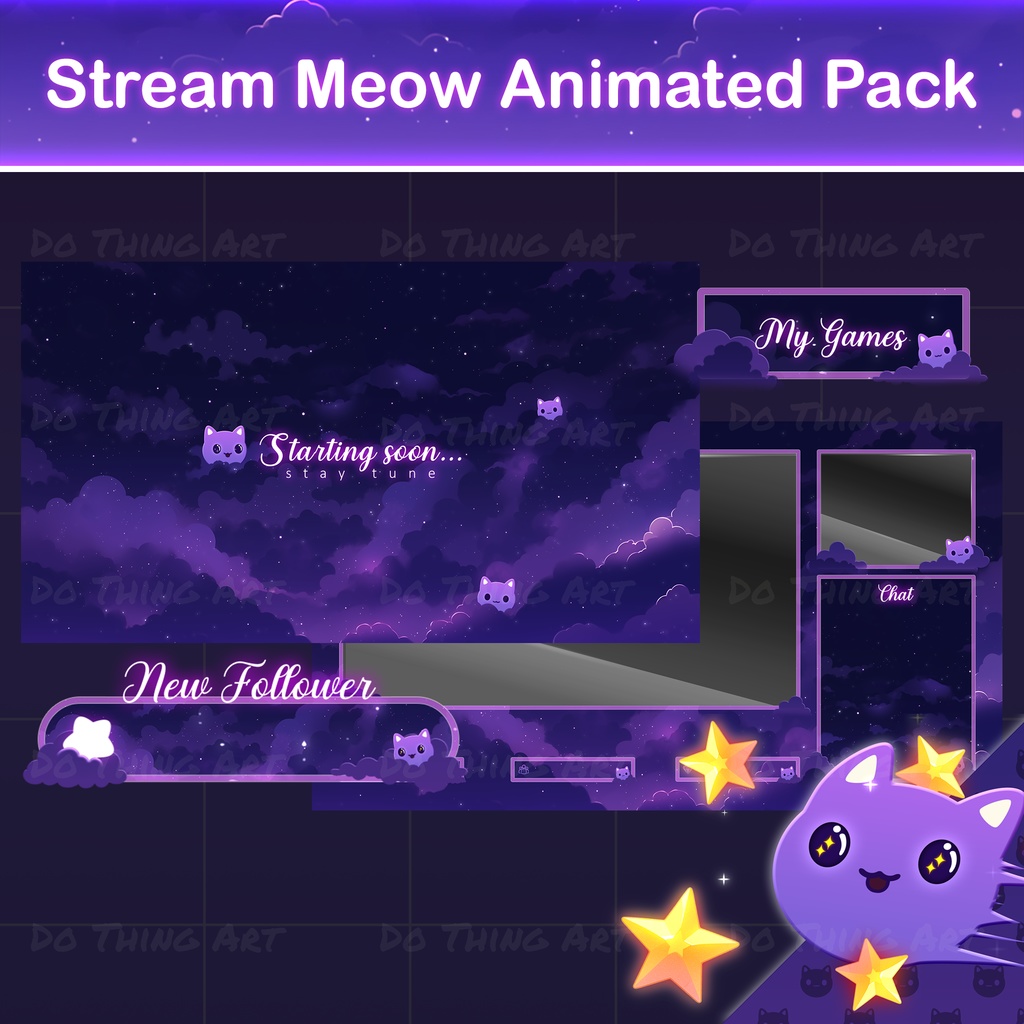 Purple Galaxy Cat Animated Twitch Overlay Bundle | Cute Cat Transition | Stream Screen | Alert  | Panels  |  OBS / Streamlabs