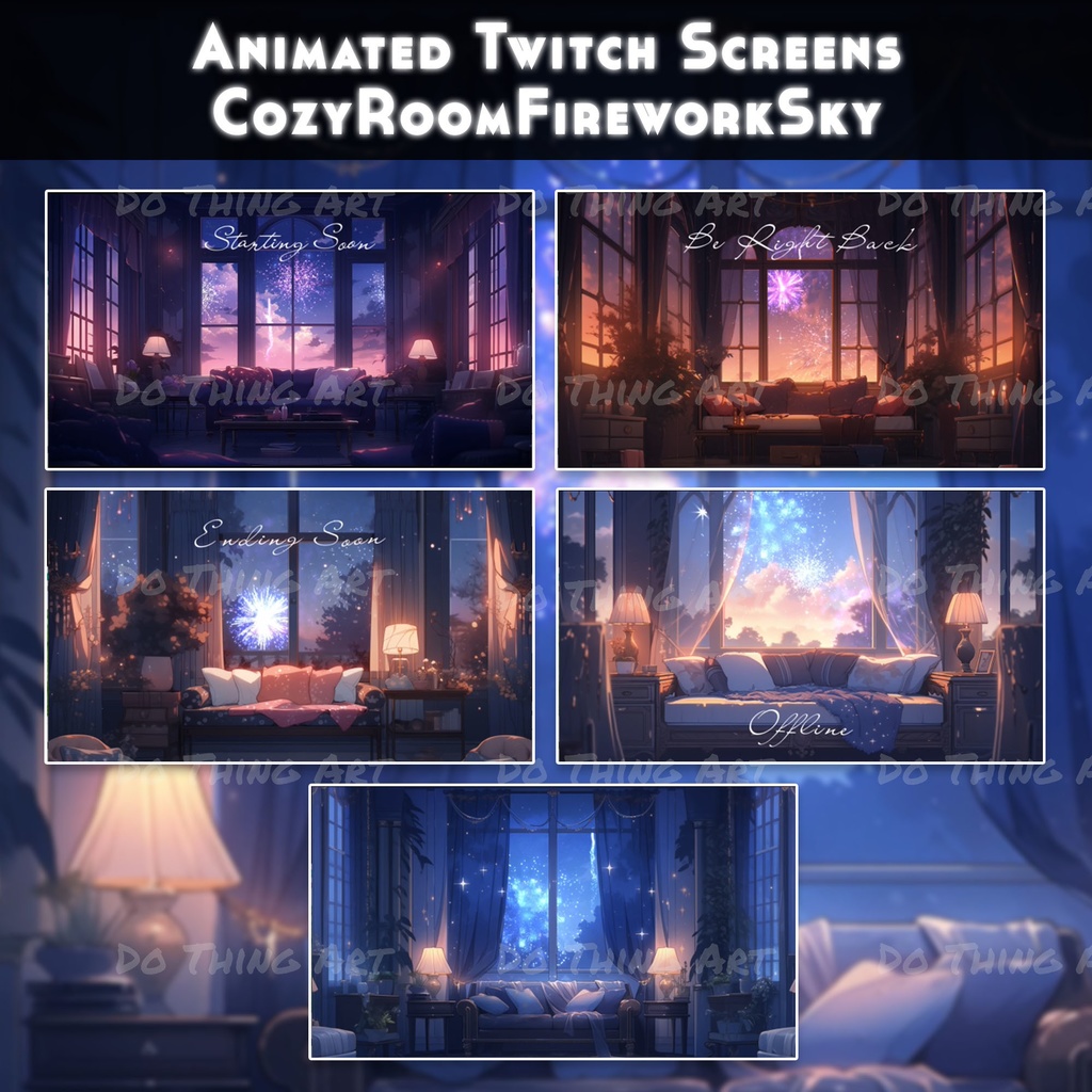 5 Set Animated Background Bundle - Cozy Room with Fireworks | Twitch Stream Screens | Twitch Loading Screens | Animated Screens | LoFi STYLE