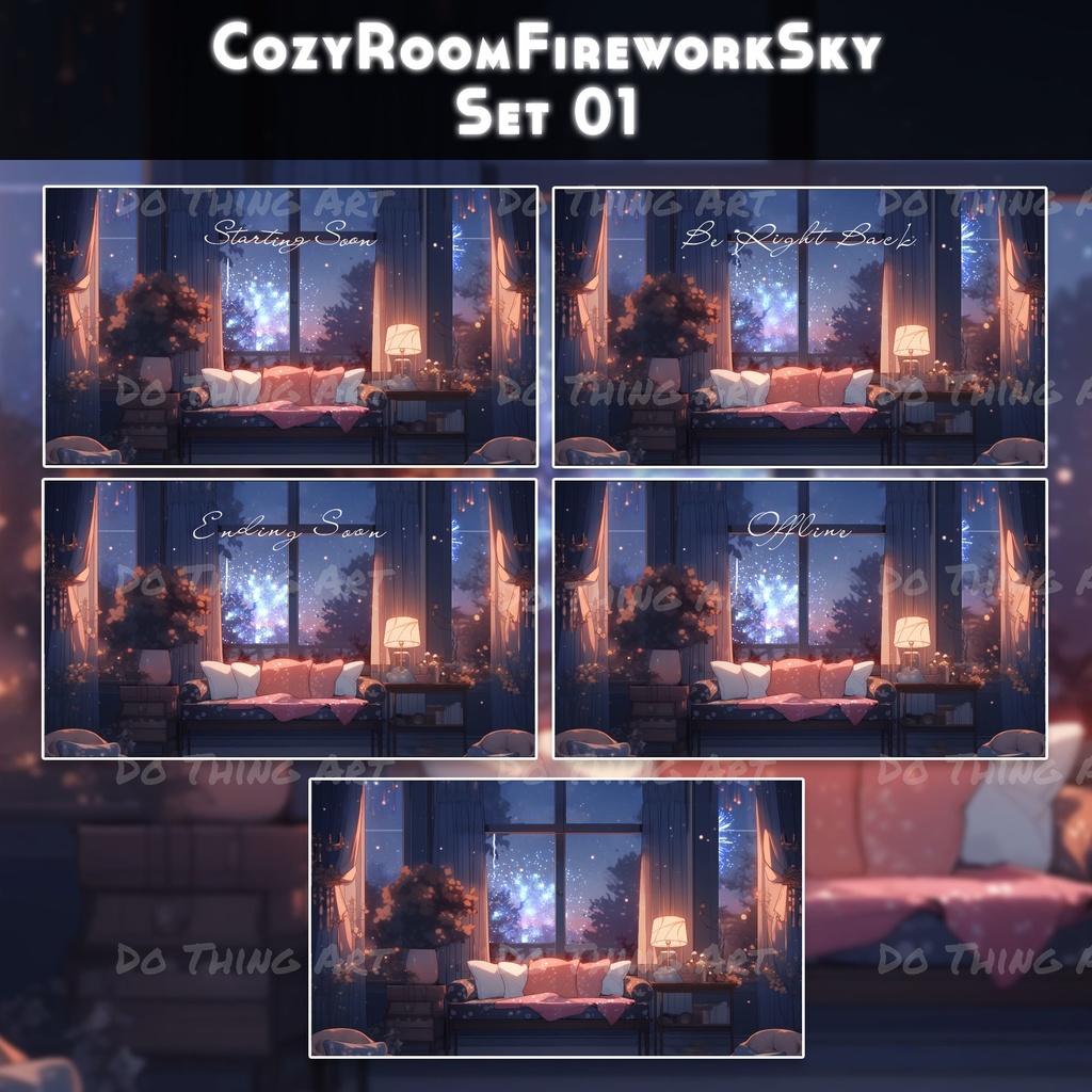 5 Set Animated Background Bundle - Cozy Room with Fireworks | Twitch Stream Screens | Twitch Loading Screens | Animated Screens | LoFi STYLE