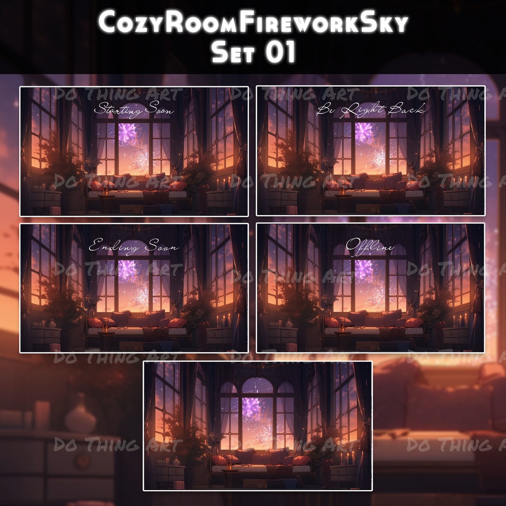 5 Set Animated Background Bundle - Cozy Room with Fireworks | Twitch Stream Screens | Twitch Loading Screens | Animated Screens | LoFi STYLE