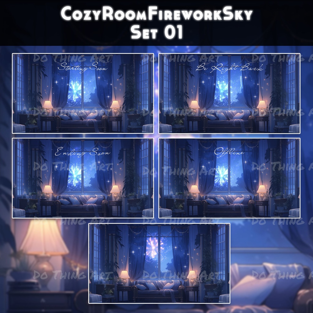 5 Set Animated Background Bundle - Cozy Room with Fireworks | Twitch Stream Screens | Twitch Loading Screens | Animated Screens | LoFi STYLE